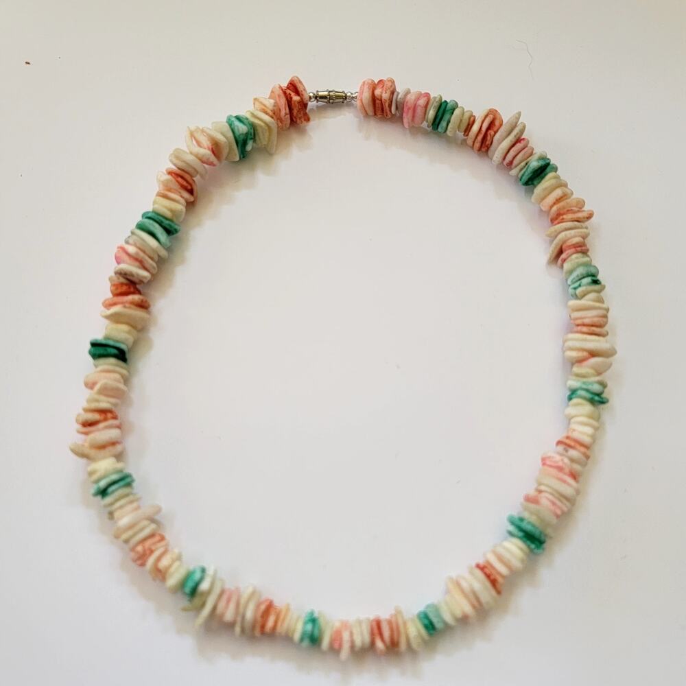 Vintage 17 Inch Shell Chip Necklace in Ivory Coral and Green Bead Tropical Style